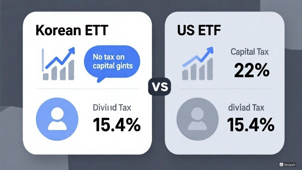 국내 ETF와 미국 ETF의 매매 차익 및 배당 세금 구조를 비교한 인포그래픽