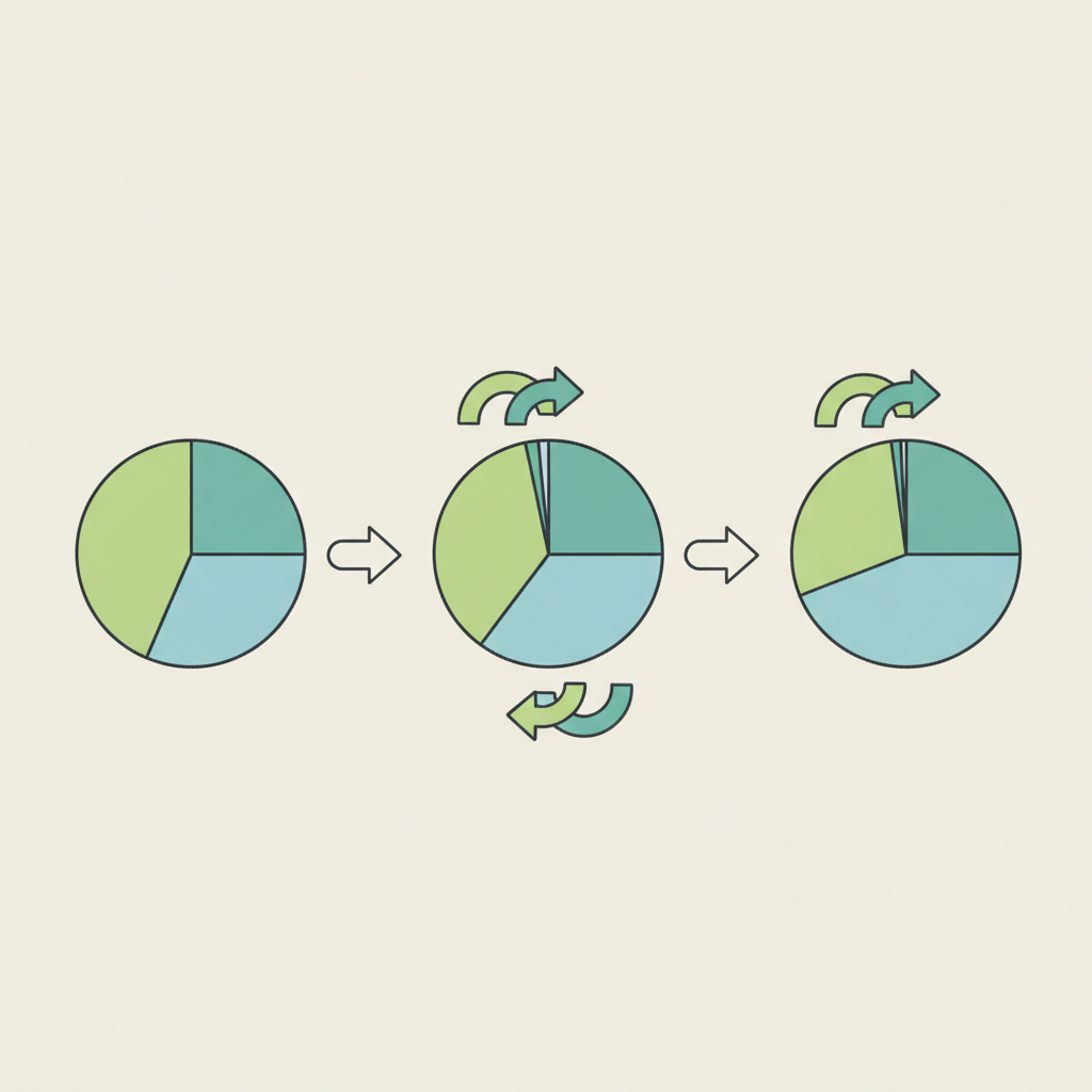 ETF 포트폴리오의 비중을 정기적으로 조정하는 리밸런싱 과정을 보여주는 다이어그램 일러스트