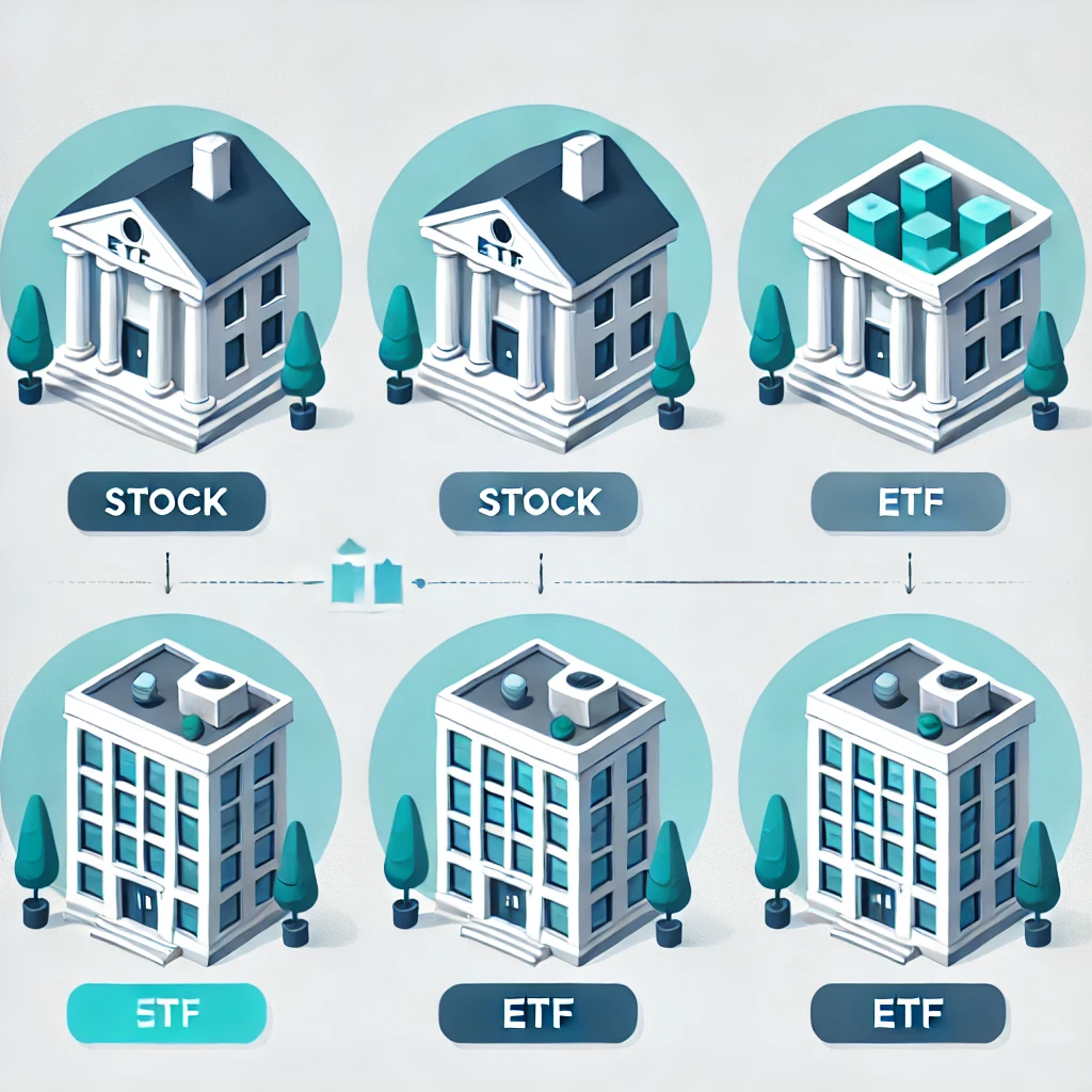 개별 주식은 한 기업에 투자하고 ETF는 여러 기업에 분산 투자하는 구조를 비교한 인포그래픽