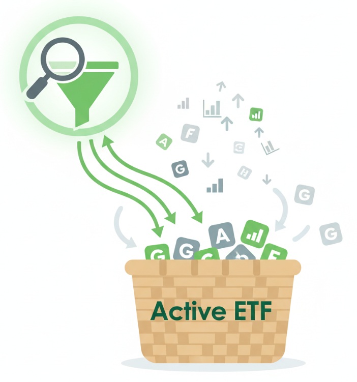운용사가 종목을 선별해 구성하는 액티브 ETF의 구조를 설명한 인포그래픽