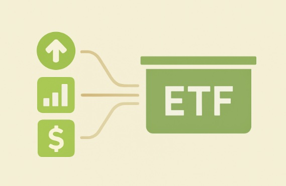 여러 기업의 배당이 ETF로 모이는 구조를 단순한 아이콘으로 표현한 미니멀 인포그래픽