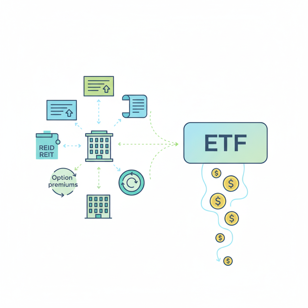 ETF 내부 자산에서 발생한 수익이 배당으로 흘러가는 구조를 단순하게 표현한 일러스트