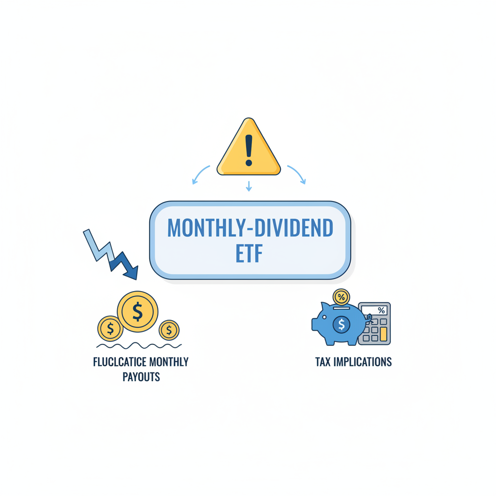 월배당 ETF 투자 시 발생할 수 있는 주요 위험 요소들을 단순한 플랫 스타일로 표현한 개념 그림