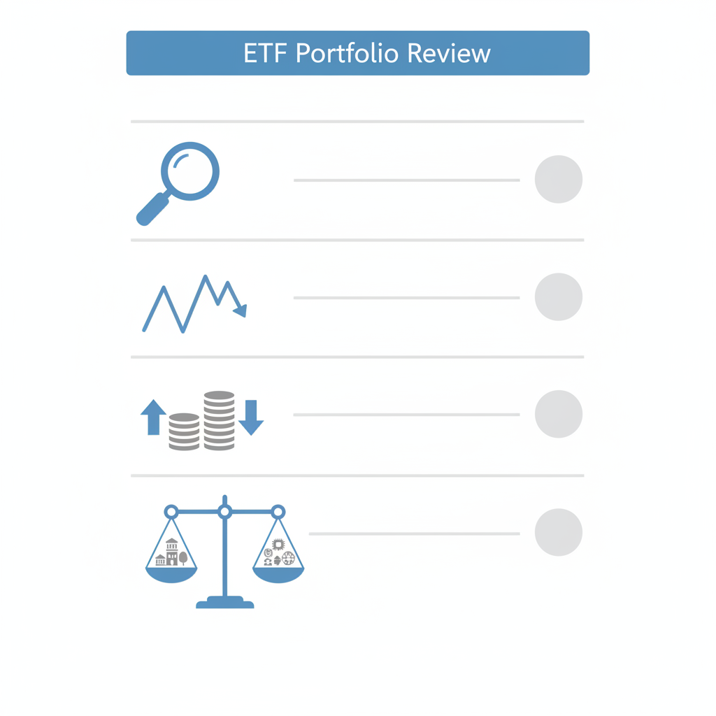 월배당 ETF 포트폴리오 점검을 위한 체크리스트를 아이콘 형태로 표현한 일러스트