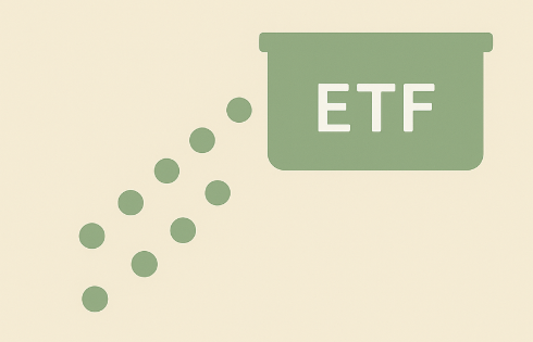 배당형 ETF에서 분배금이 꾸준히 흘러나오는 모습을 단순한 아이콘과 점 형태로 표현한 일러스트