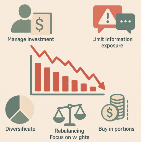 변동성이 큰 시장에서 투자 리스크를 관리하는 핵심 원칙을 시각적으로 정리한 인포그래픽으로, 하락 차트와 함께 투자 금액 조절, 정보 노출 제한, 분산 투자, 비중 중심 리밸런싱, 분할매수 개념을 아이콘으로 표현한 이미지