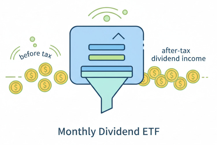 월배당 ETF에서 발생한 배당금이 세금을 거쳐 세후 금액으로 지급되는 구조를 한눈에 보여주는 설명 이미지