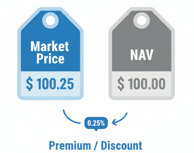 ETF 시장 가격과 순자산가치 NAV 사이의 차이인 괴리율을 설명한 개념 이미지