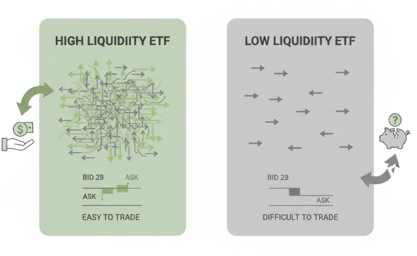 거래량이 많은 ETF와 적은 ETF의 유동성 차이를 비교한 개념 이미지