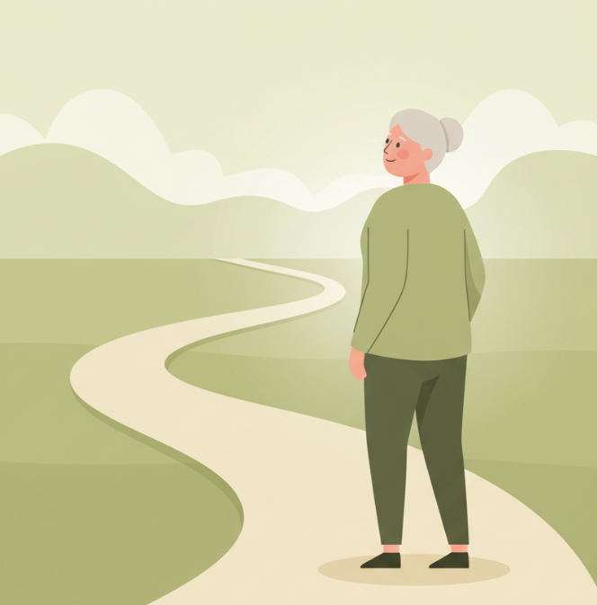 은퇴 준비를 늦게 시작했음을 돌아보며 깨달음을 느끼는 중장년의 모습을 상징한 일러스트 이미지