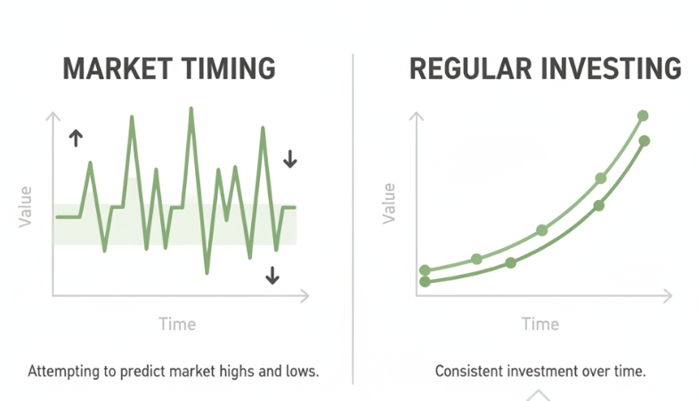 시장 타이밍 투자와 적립식 ETF 투자의 차이를 비교한 개념 이미지