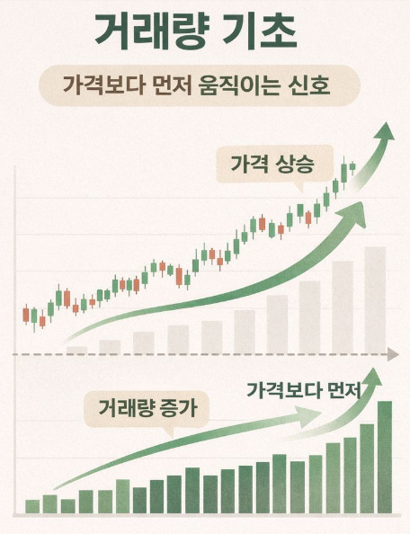 가격 차트와 거래량 막대 그래프를 함께 보여주는 인포그래픽으로, 거래량 증가가 가격 상승보다 먼저 나타나는 흐름을 시각적으로 설명한 이미지