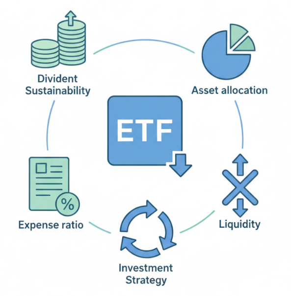 월배당 ETF를 선택할 때 반드시 확인해야 할 5가지 핵심 지표를 한눈에 정리한 설명 이미지