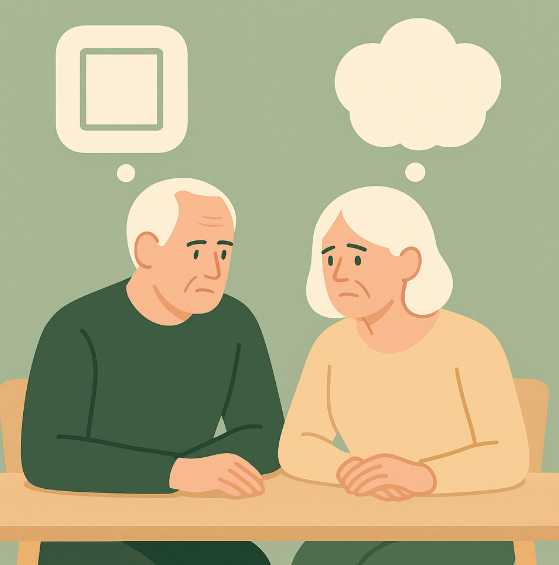 은퇴를 서로 다르게 바라보며 고민하는 부부의 모습을 상징적으로 표현한 고품질 일러스트 이미지