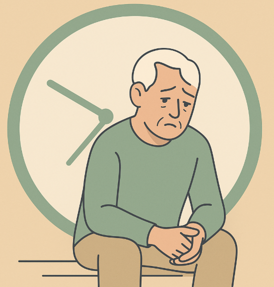 은퇴 후 시간이 너무 많아져 심리적 부담을 느끼는 모습을 표현한 고령 남성의 일러스트 이미지