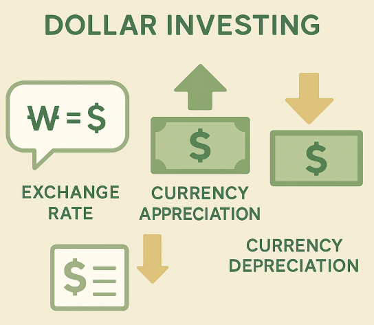 달러 기반 투자의 기본 개념을 시각적으로 정리한 인포그래픽으로, 환율 표시, 달러 가치 상승과 하락 흐름을 아이콘과 그래픽으로 표현한 이미지