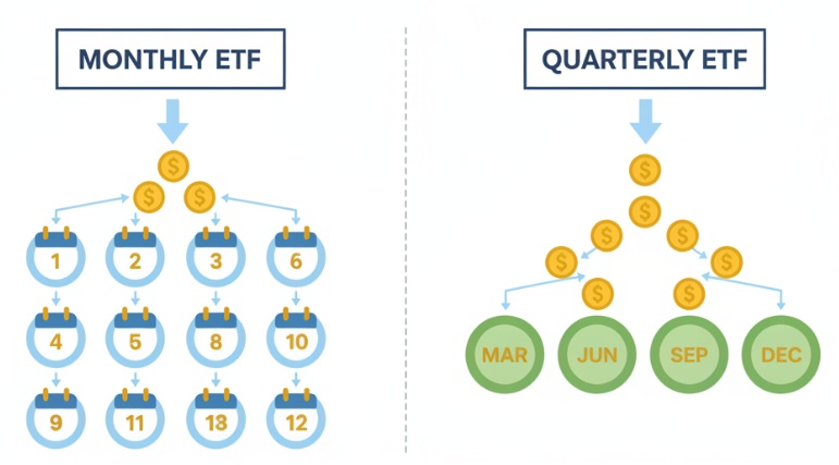 월배당과 분기배당 ETF의 배당 흐름을 나란히 비교한 구조도