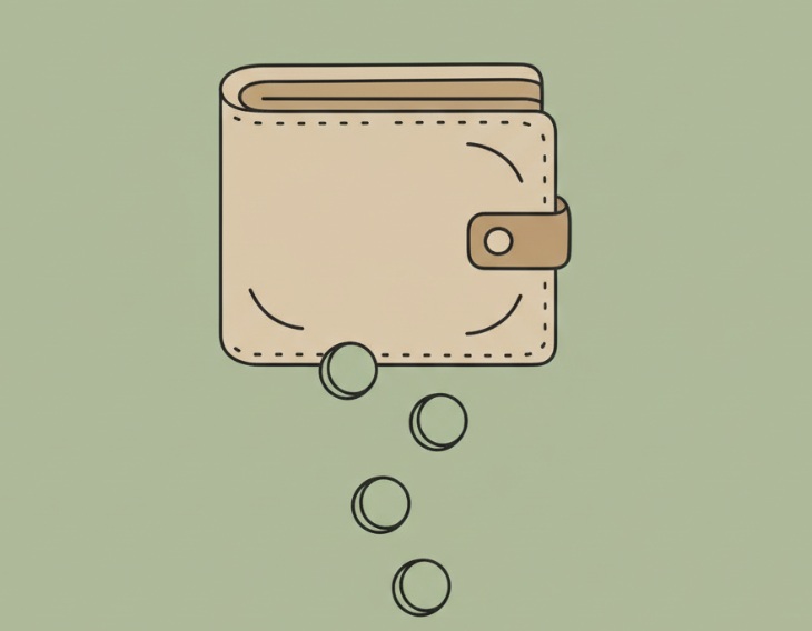 작은 지출이 새어나가는 모습을 상징하는 미니멀 지갑 이미지