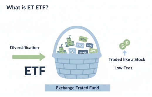 여러 기업을 한 바구니에 담아 구성되는 ETF의 기본 개념을 설명하는 인포그래픽
